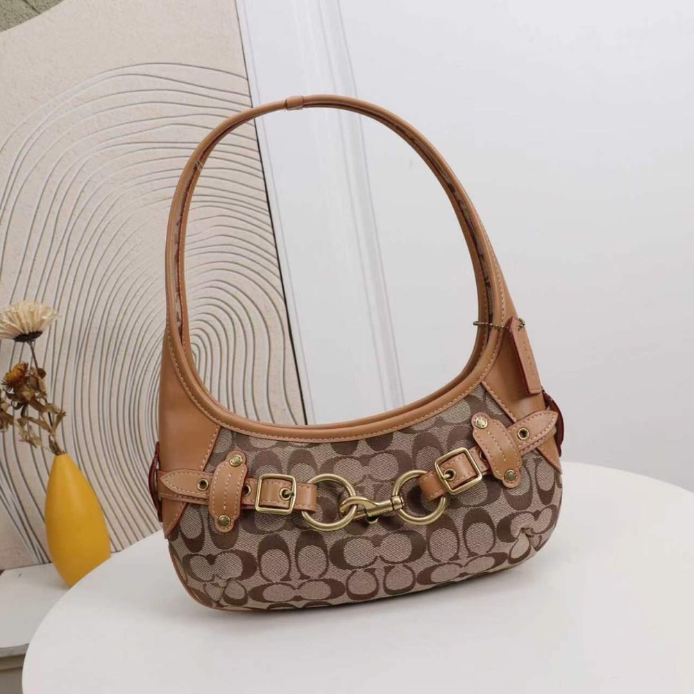 Coach Tan & Brown Signature Canvas Shoulder Bag with Leather Trim